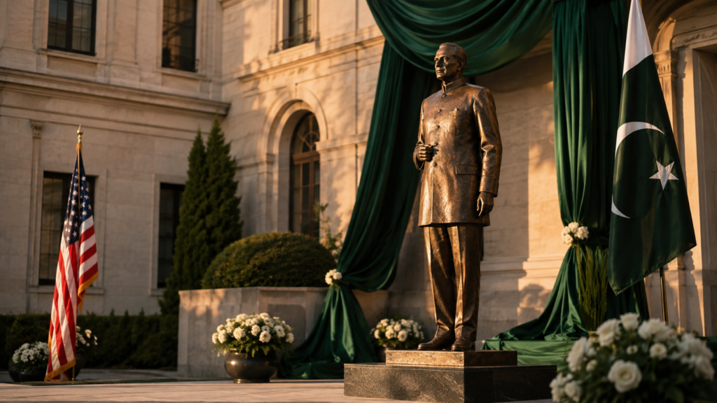 Bronze statue of Quaid-e-Azam at an Independence Day ceremony in Washington